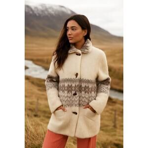 Icelandic Pure Wool Fair Isle Long Sleeve Toggle Coat Cream/Brown Women's Size M